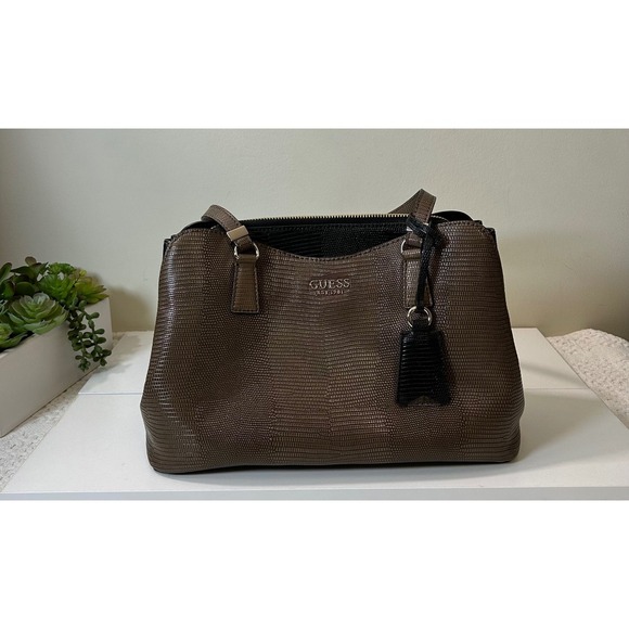 GUESS‎ Satchel Purse Brown Lizard Embossed Faux Leather Top Handle Bag - Picture 3 of 16
